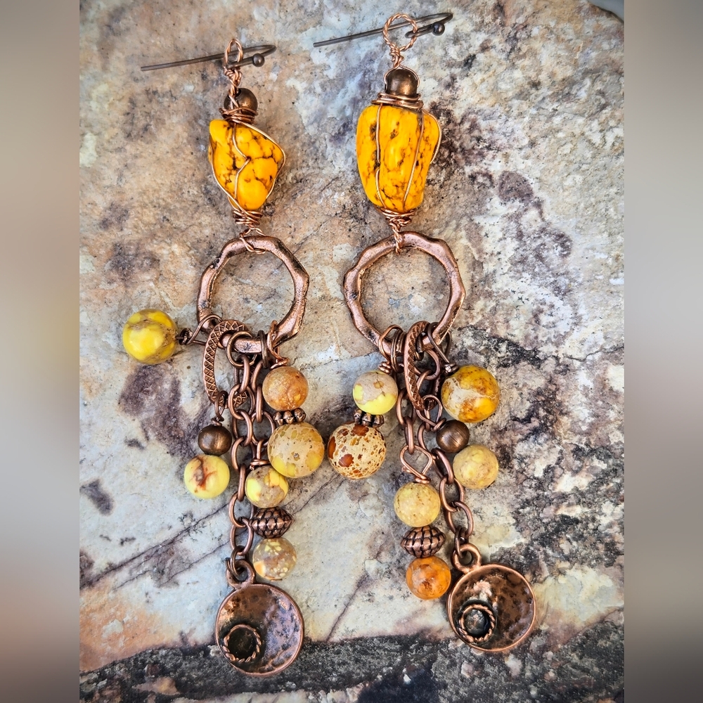 Sun Drenched Bright Yellow Turquoise & Jasper Long Multistrand Bohemian Earrings